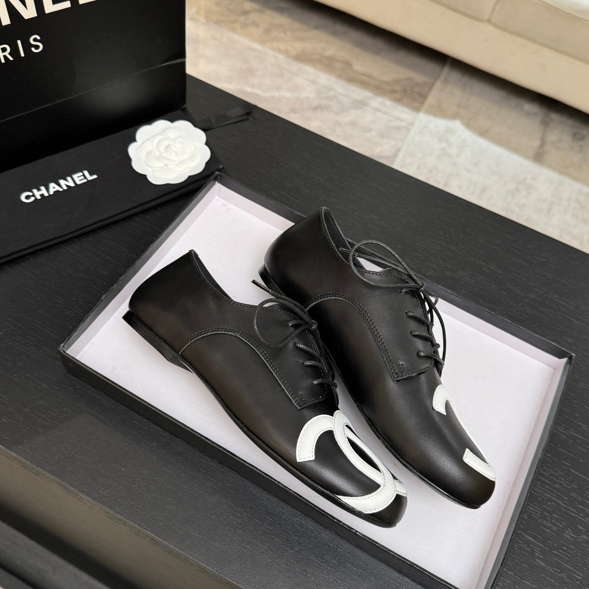 Chanel 26s Cambon Oxfords Black White Leather 168048