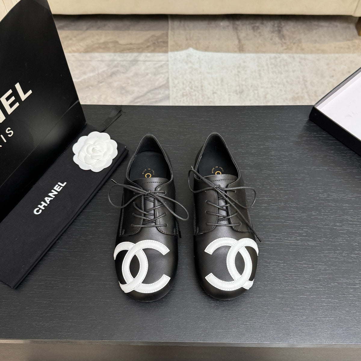 Chanel 26s Cambon Oxfords Black White Leather 168048