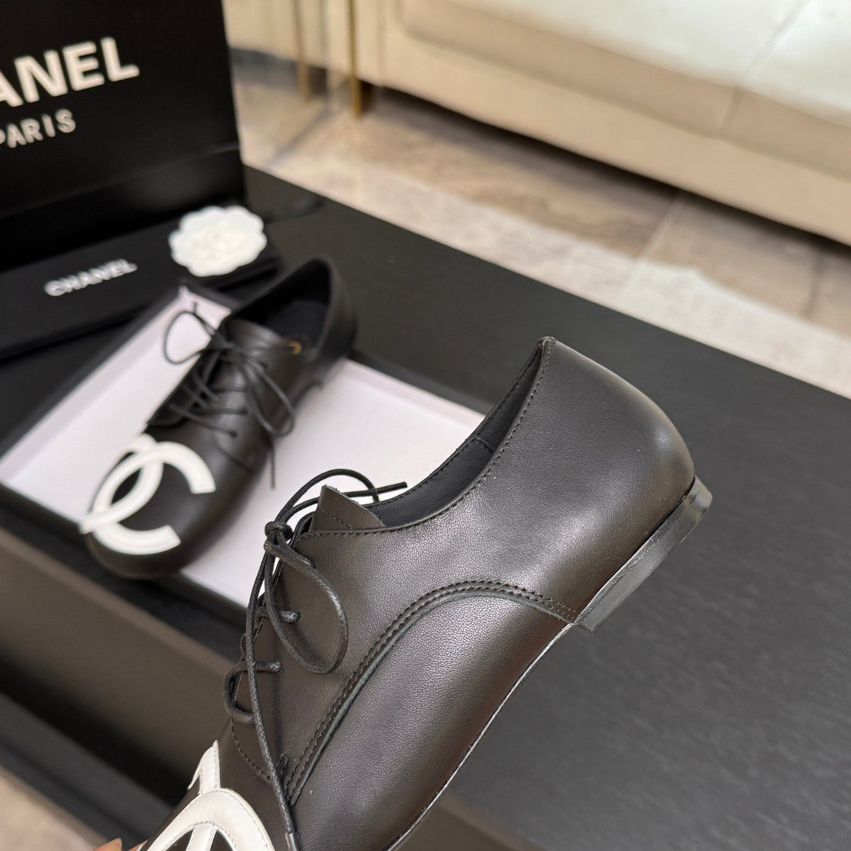 Chanel 26s Cambon Oxfords Black White Leather 168048
