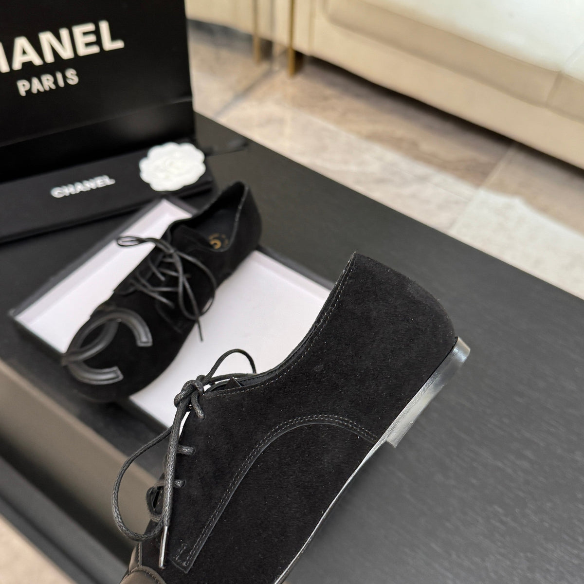 Chanel 26s Cambon Oxfords Black Suede 168049
