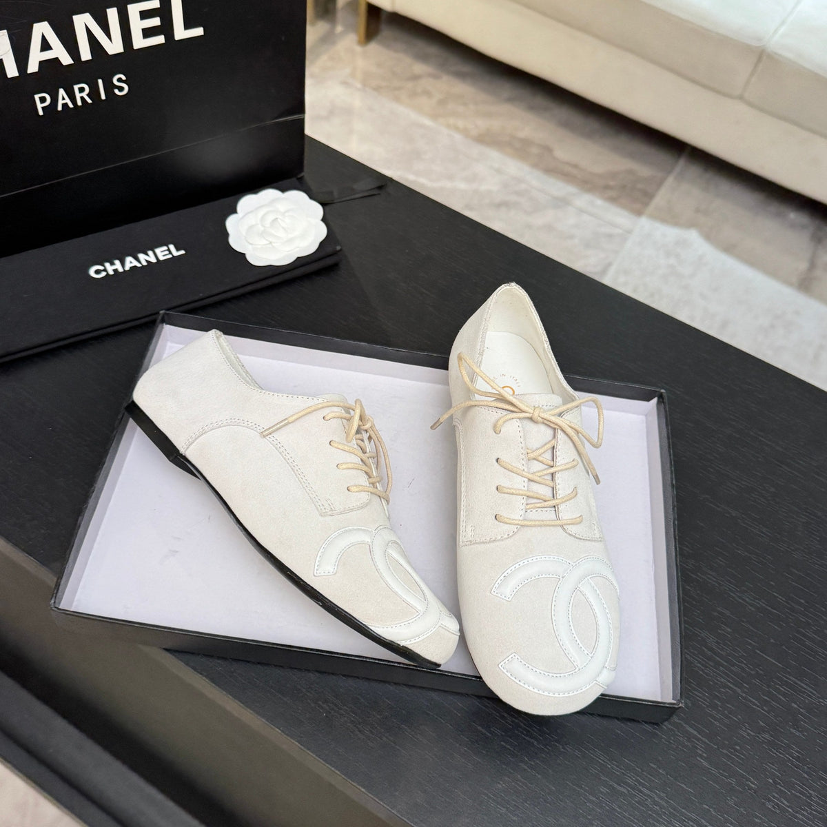Chanel 26s Cambon Oxfords Cream Suede 168050