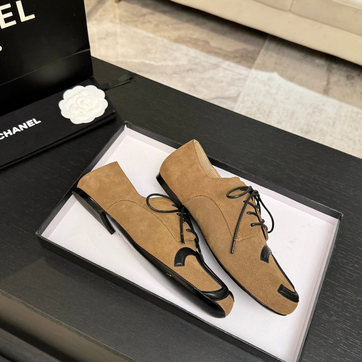 Chanel 26s Cambon Oxfords Beige Suede 168051