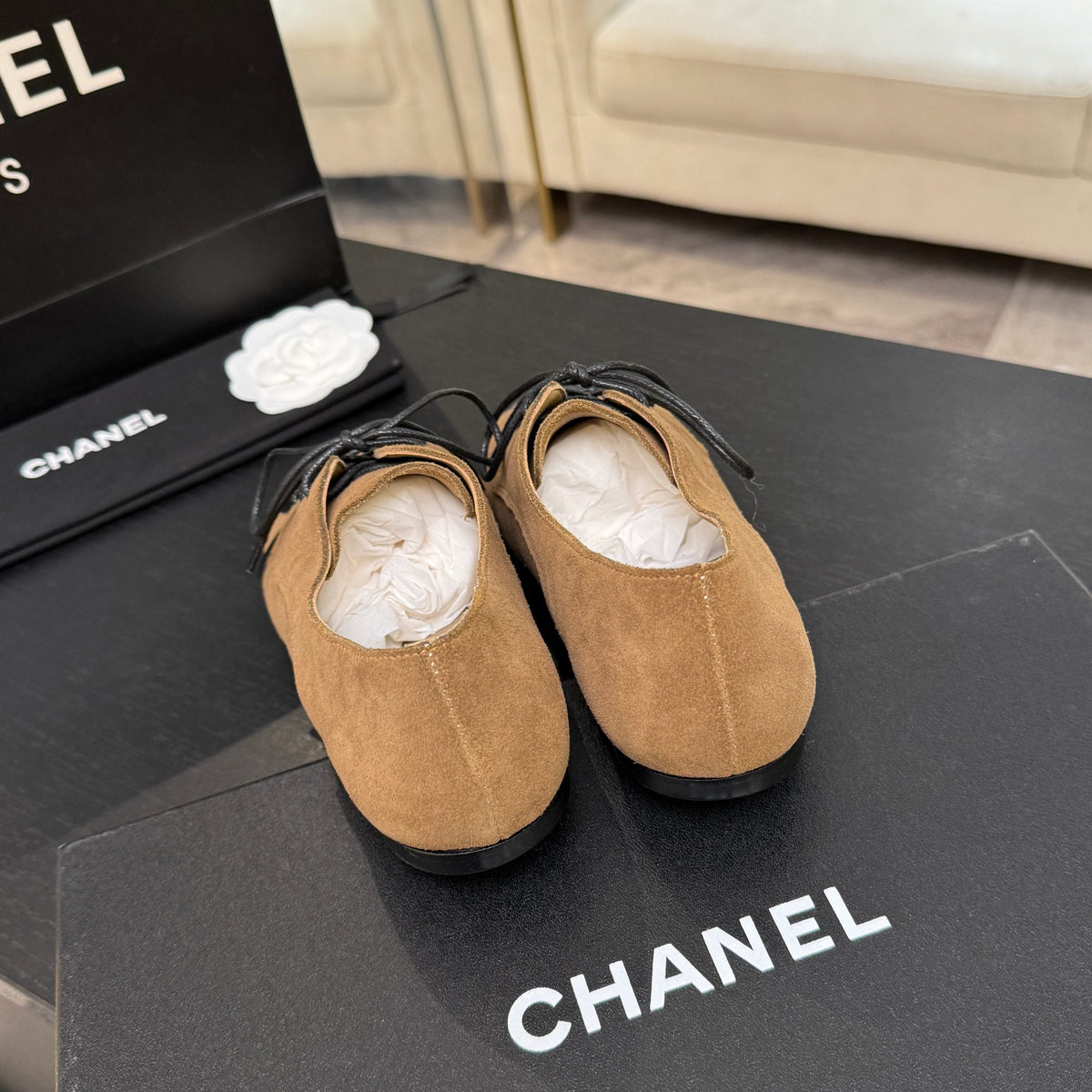 Chanel 26s Cambon Oxfords Beige Suede 168051