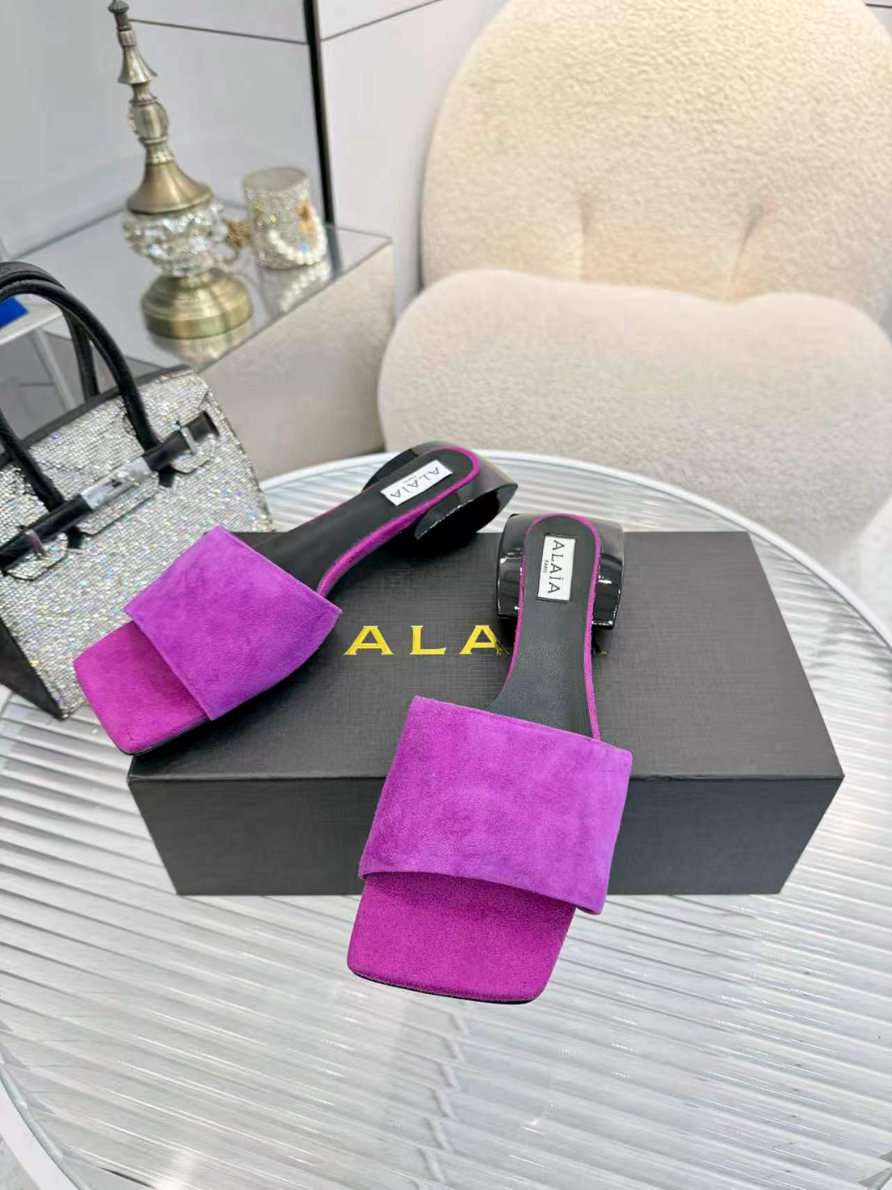 Alaia Suede Ellipse Mules 3cm Purple Black Leather Suede 986462