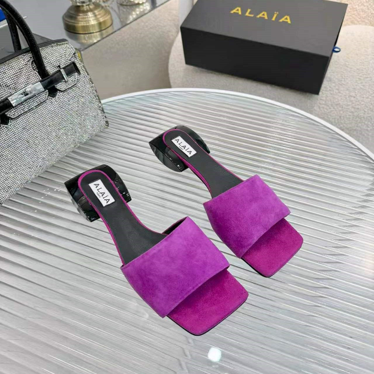 Alaia Suede Ellipse Mules 3cm Purple Black Leather Suede 986462