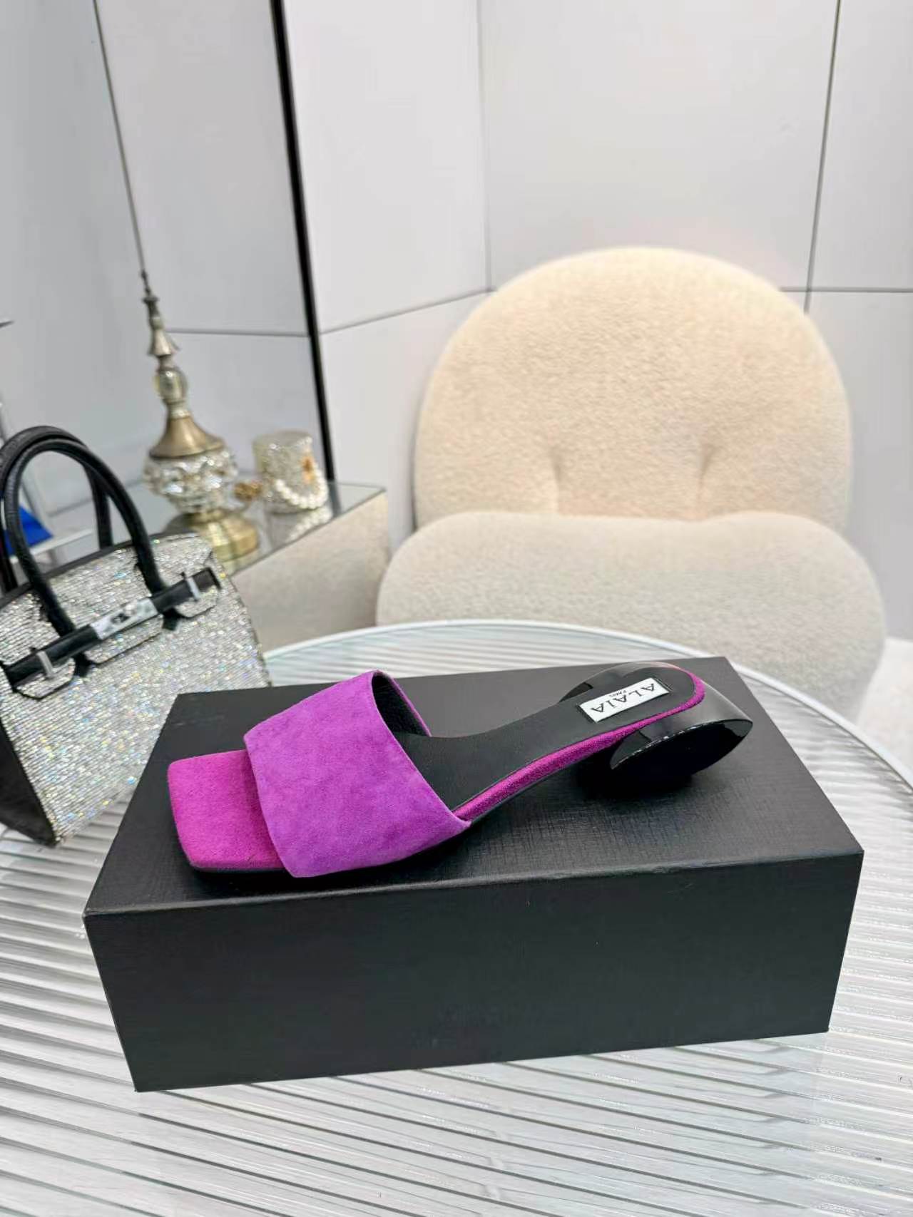 Alaia Suede Ellipse Mules 3cm Purple Black Leather Suede 986462