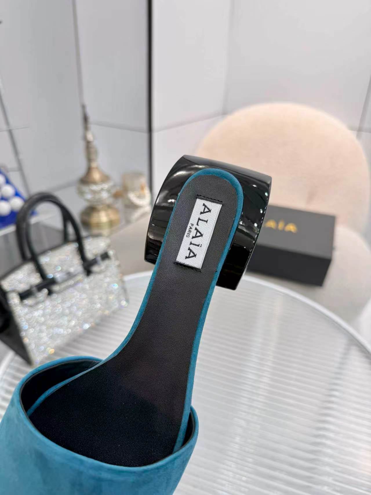 Alaia Suede Ellipse Mules 3cm China Blue Black Suede 986461