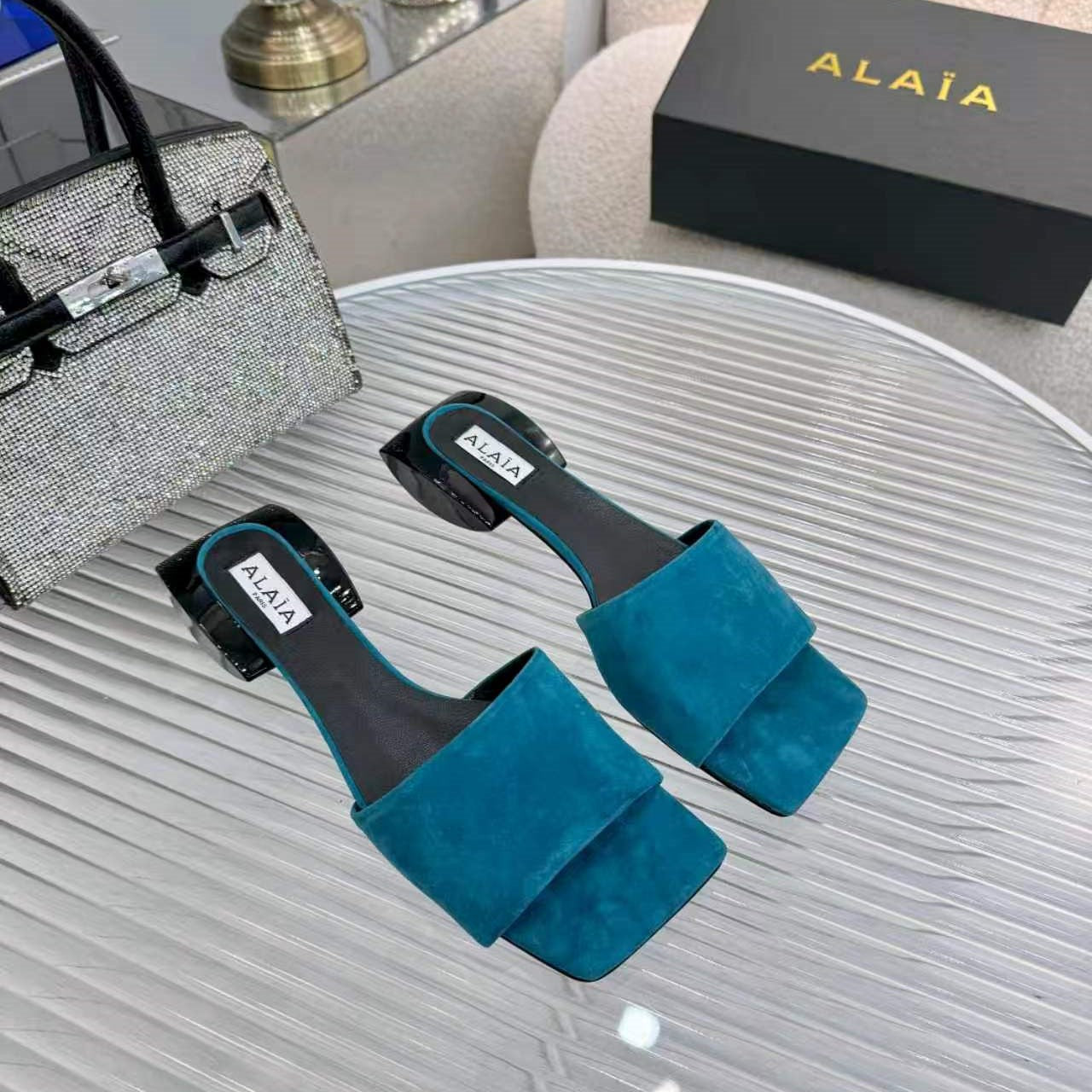Alaia Suede Ellipse Mules 3cm China Blue Black Suede 986461