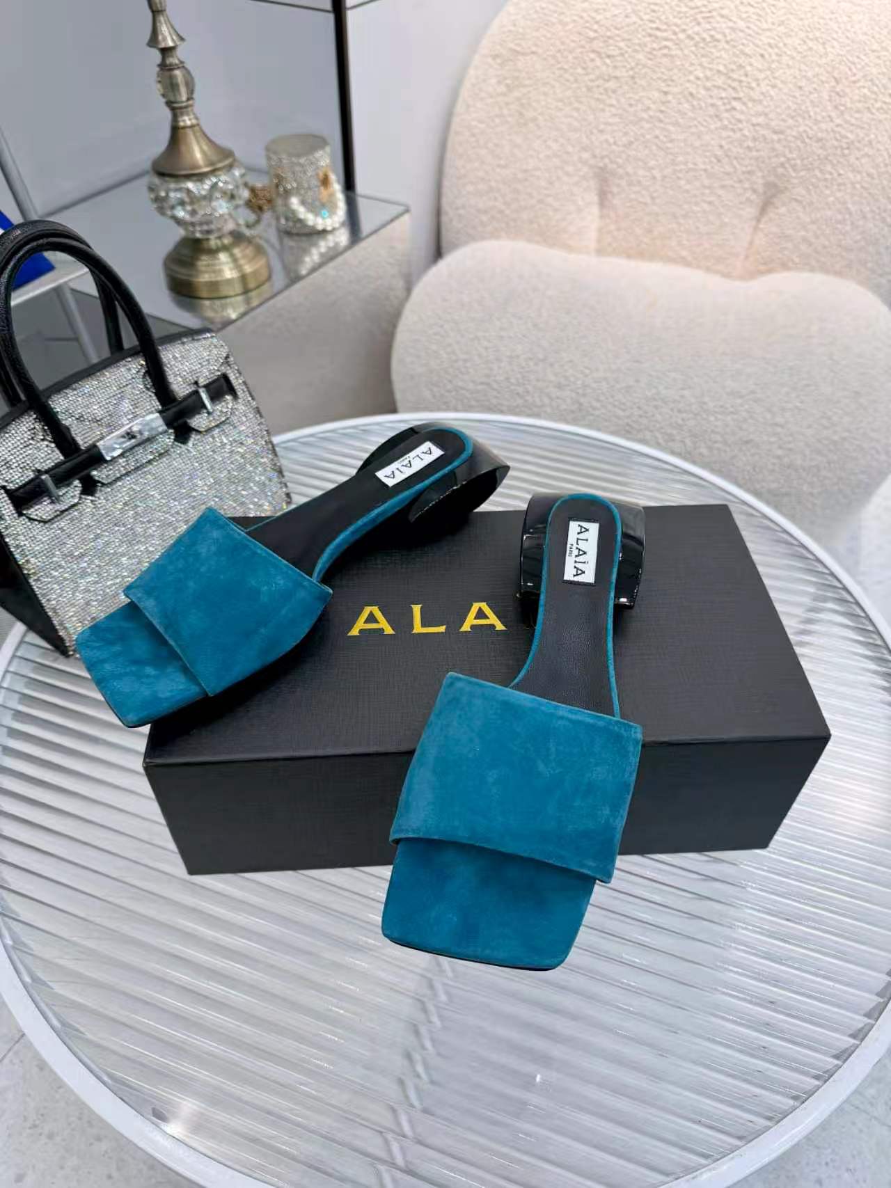 Alaia Suede Ellipse Mules 3cm China Blue Black Suede 986461