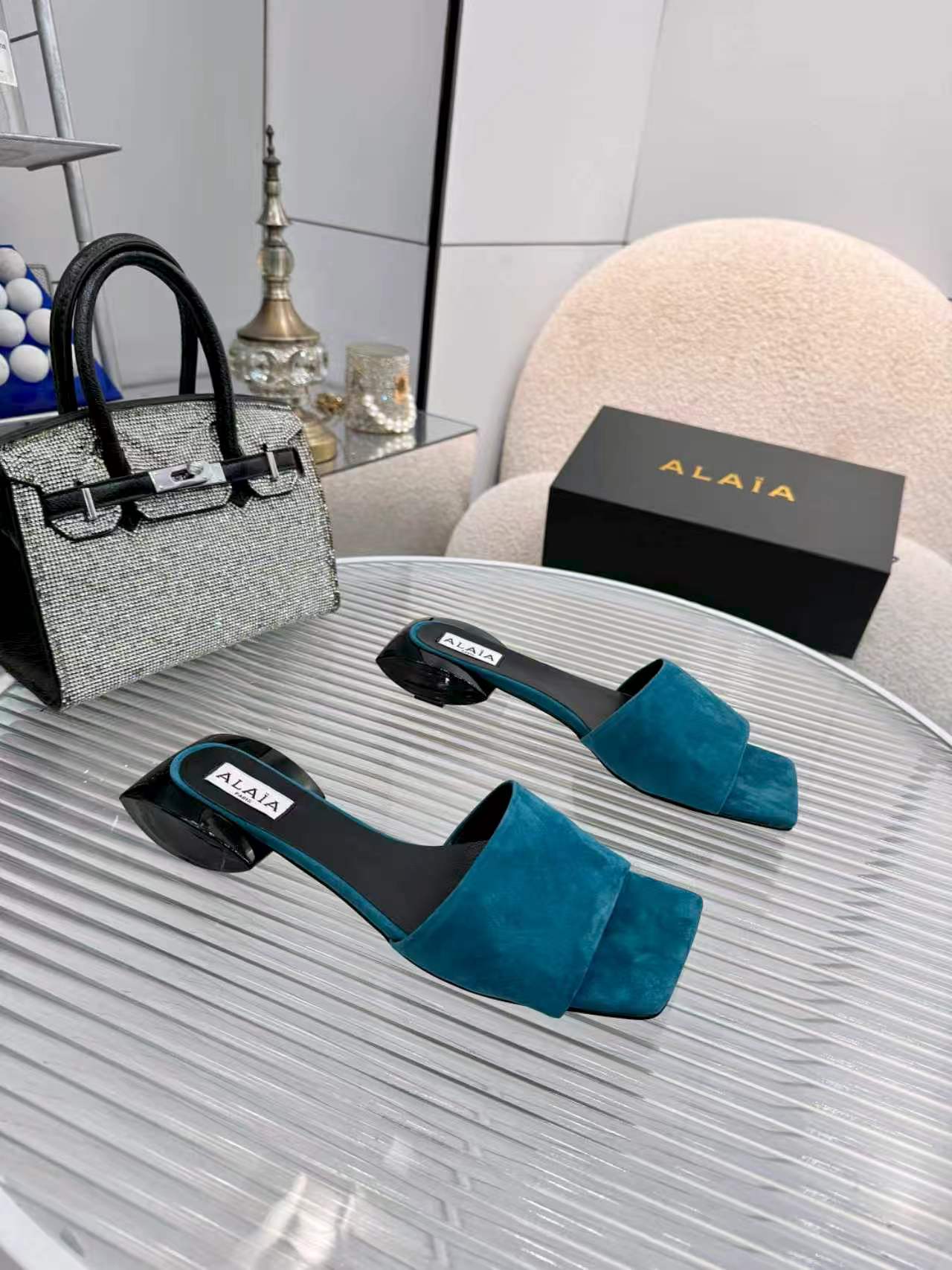 Alaia Suede Ellipse Mules 3cm China Blue Black Suede 986461