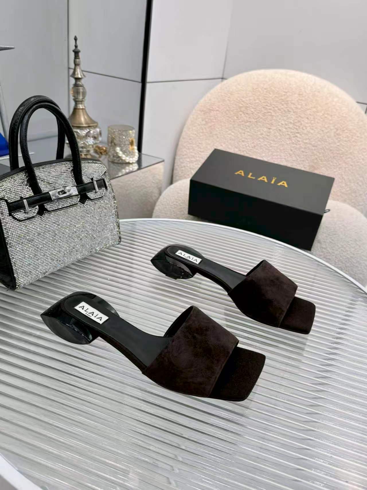 Alaia Suede Ellipse Mules 3cm Dark Brown Suede 986458