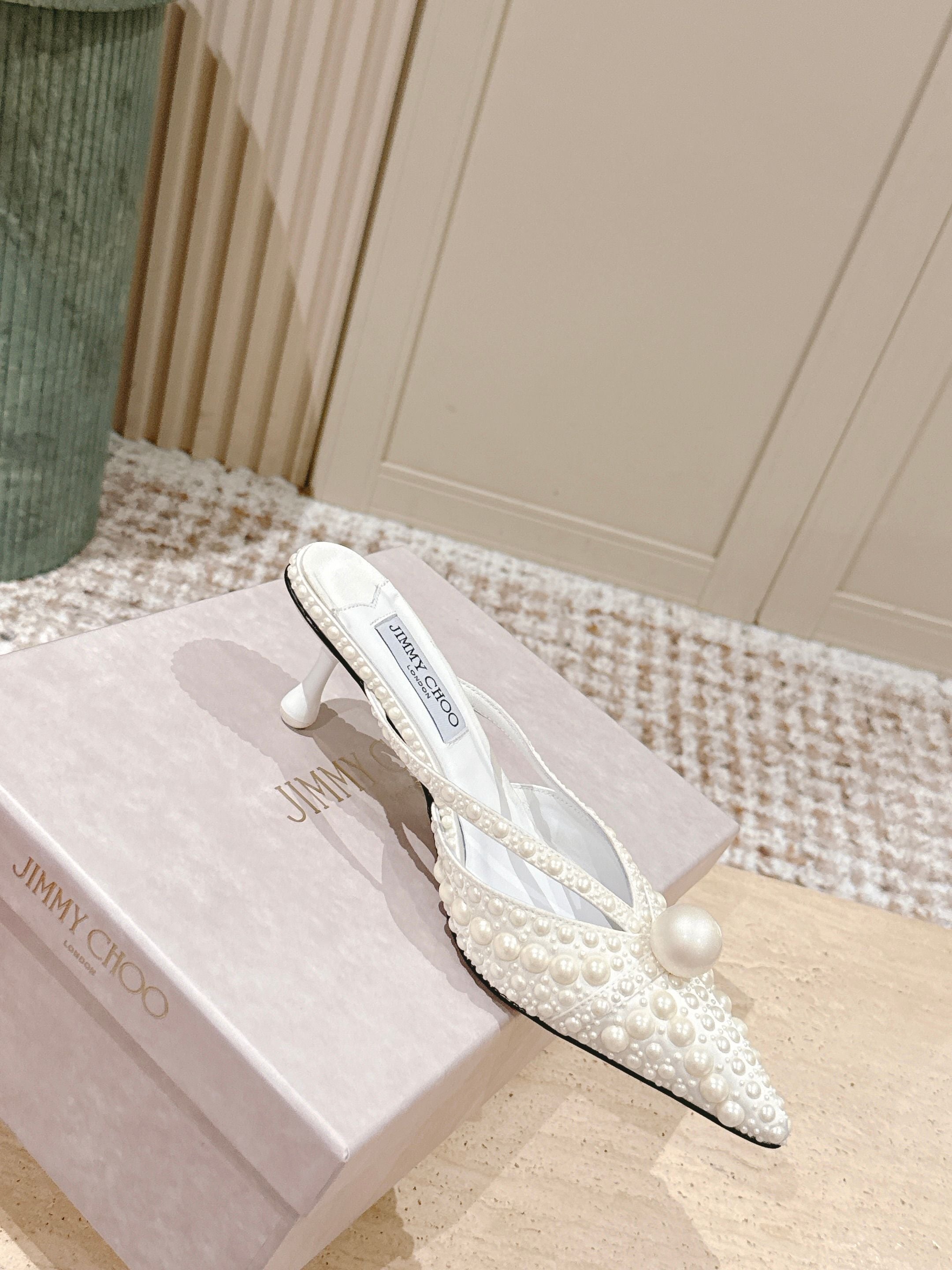 Jimmy All-Over Pearls Sana Mule 50mm White Satin Fabric 431840