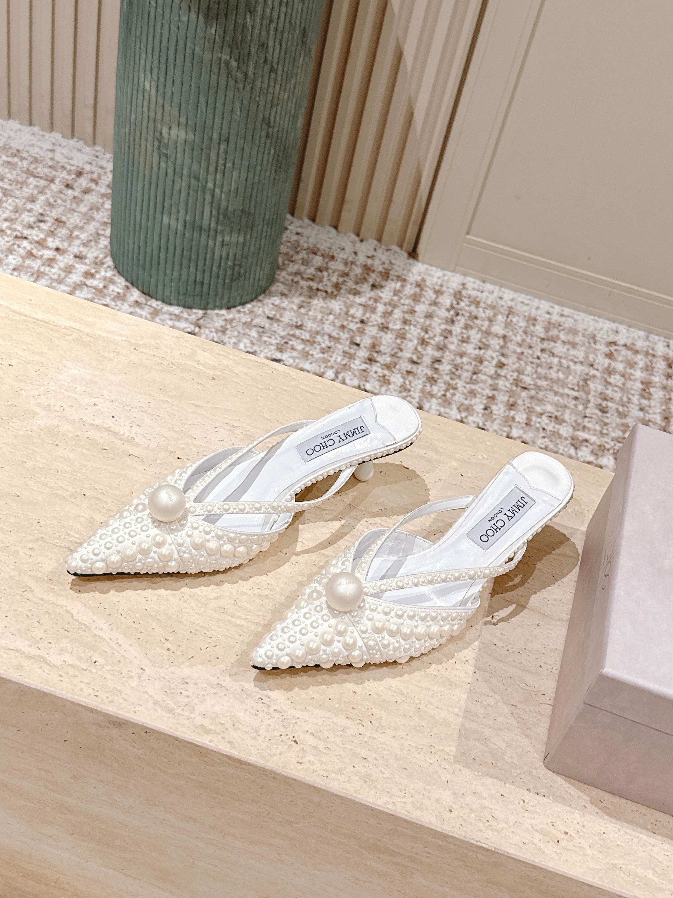 Jimmy All-Over Pearls Sana Mule 50mm White Satin Fabric 431840