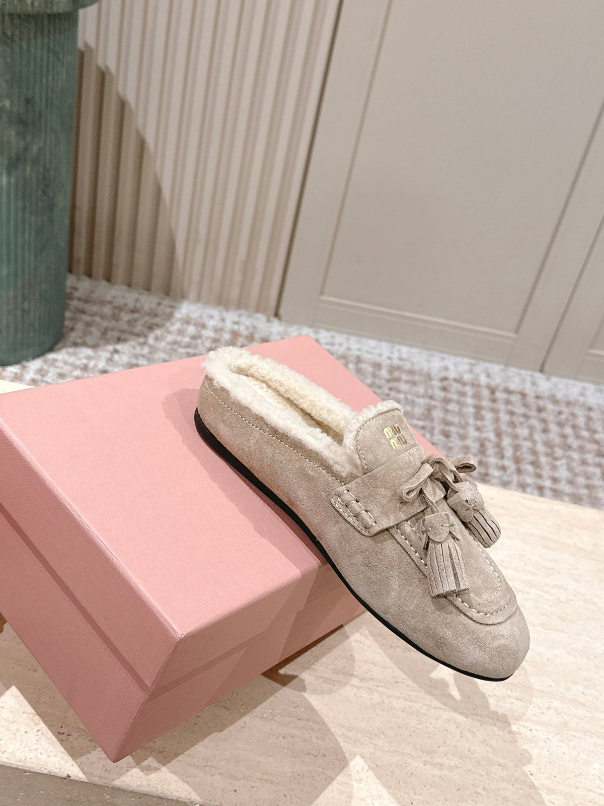 Miumiu 25s Mules In Desert Beige Suede With Shearling