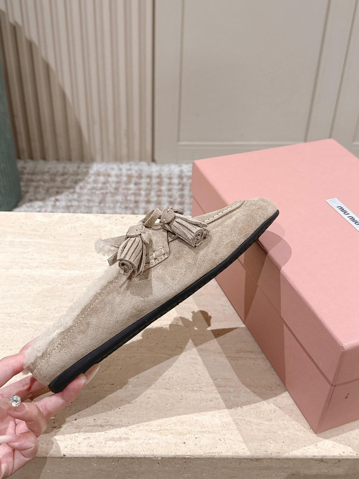 Miumiu 25s Mules In Desert Beige Suede With Shearling