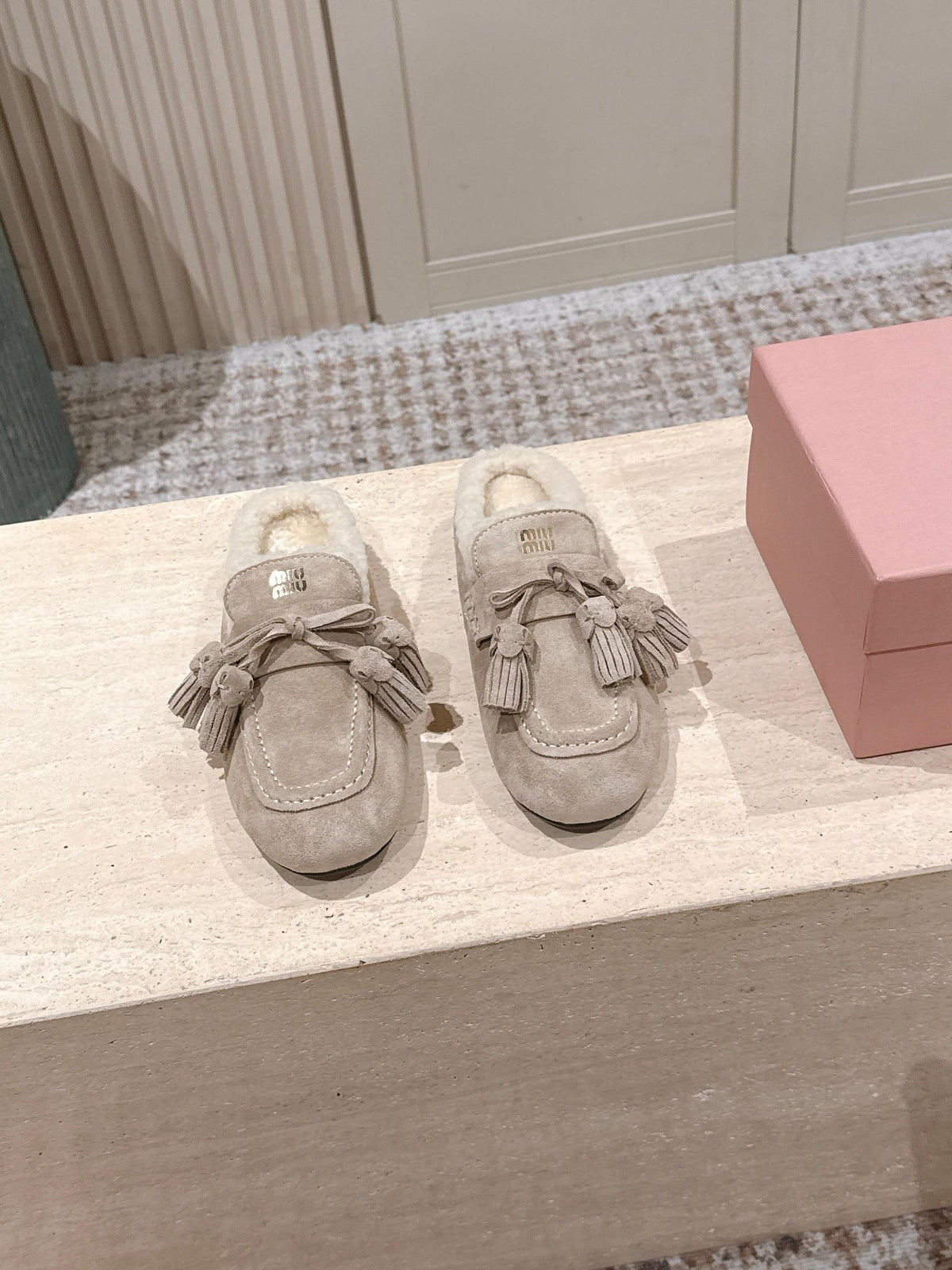 Miumiu 25s Mules In Desert Beige Suede With Shearling