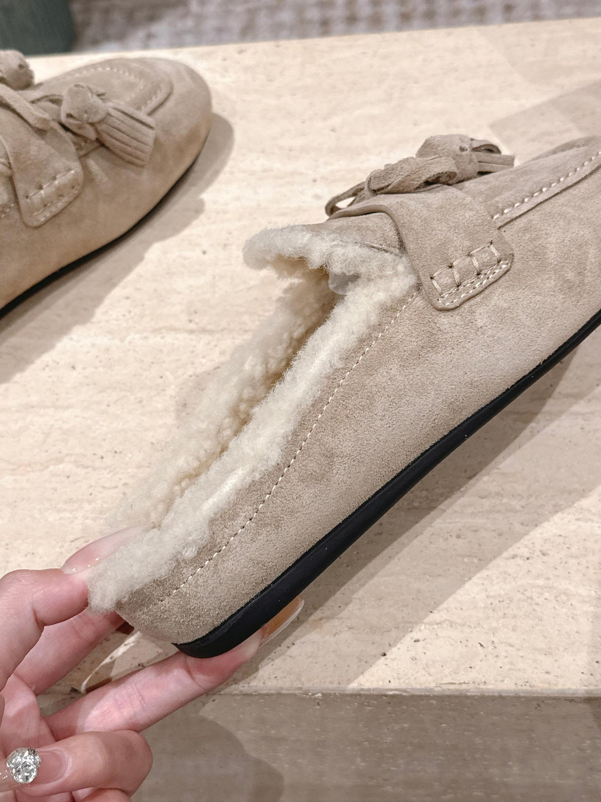 Miumiu 25s Mules In Desert Beige Suede With Shearling