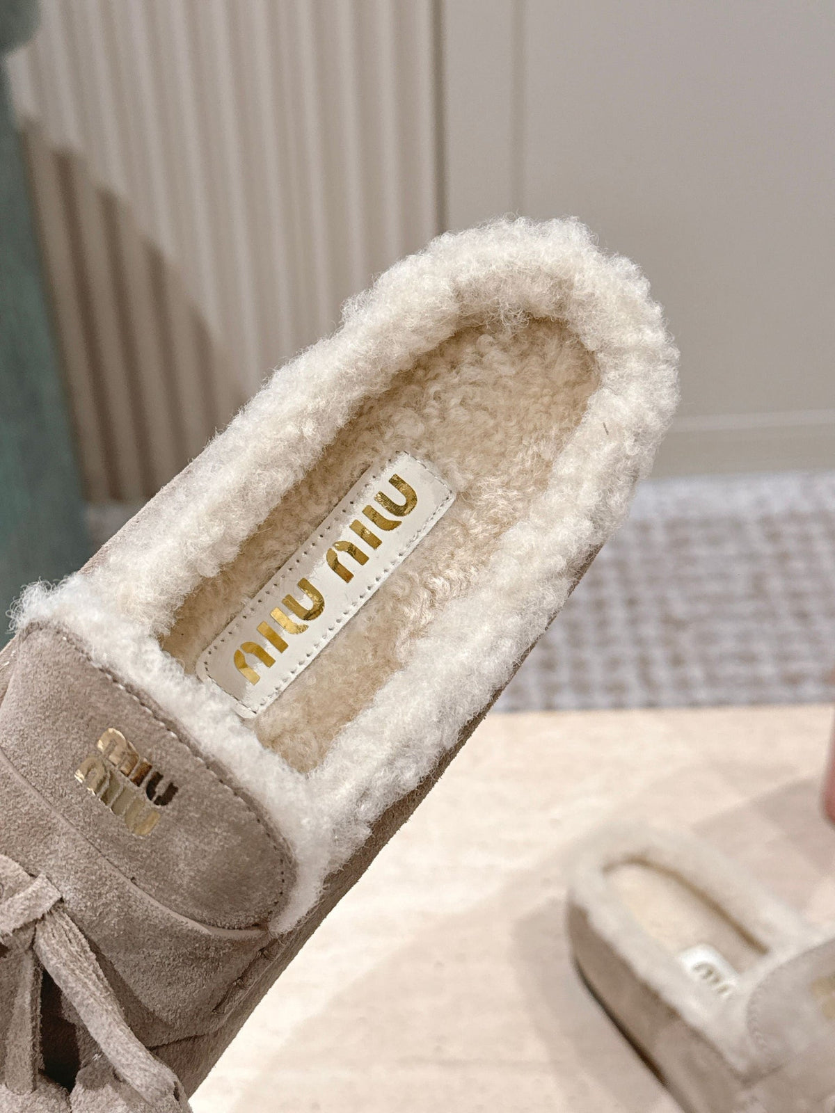Miumiu 25s Mules In Desert Beige Suede With Shearling