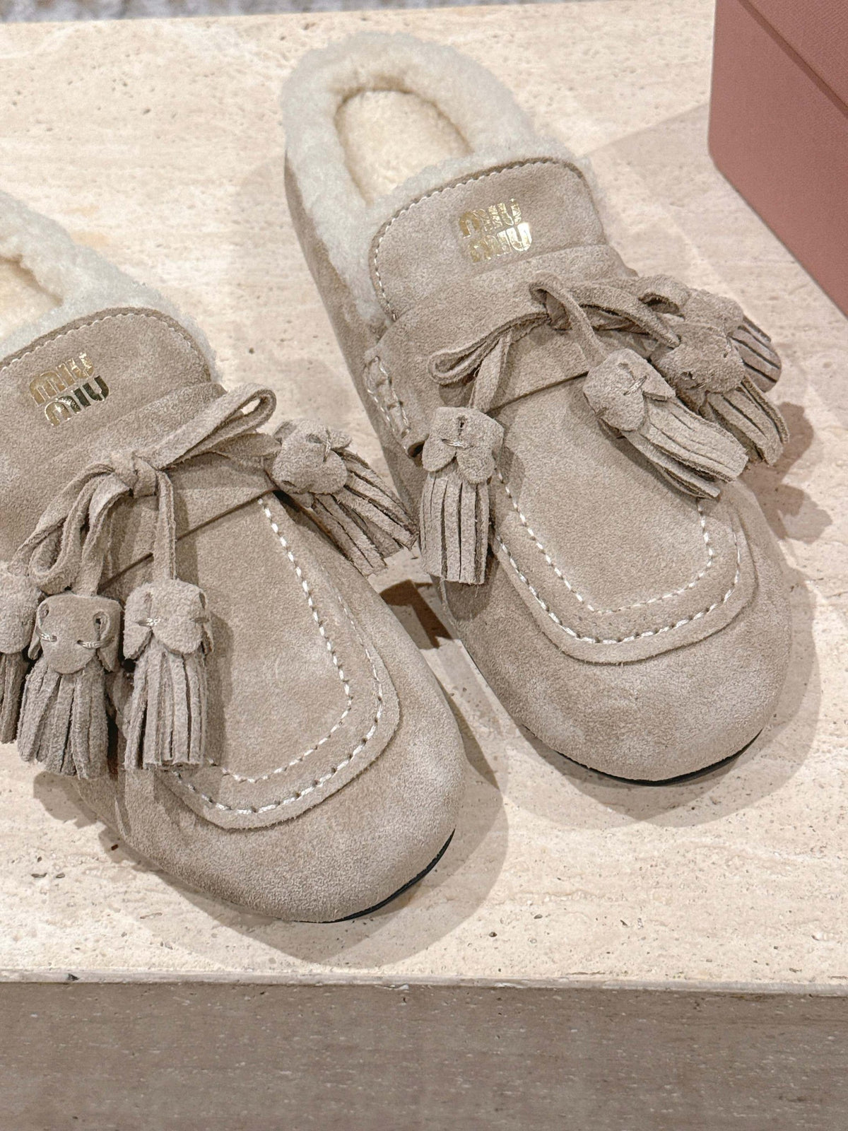Miumiu 25s Mules In Desert Beige Suede With Shearling