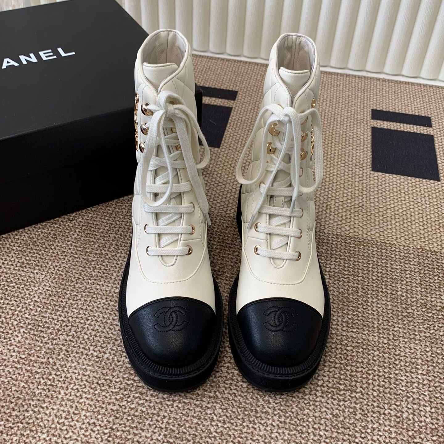 Chanel Electric Show  Ankle Boot  Cream and Black Leather 507521