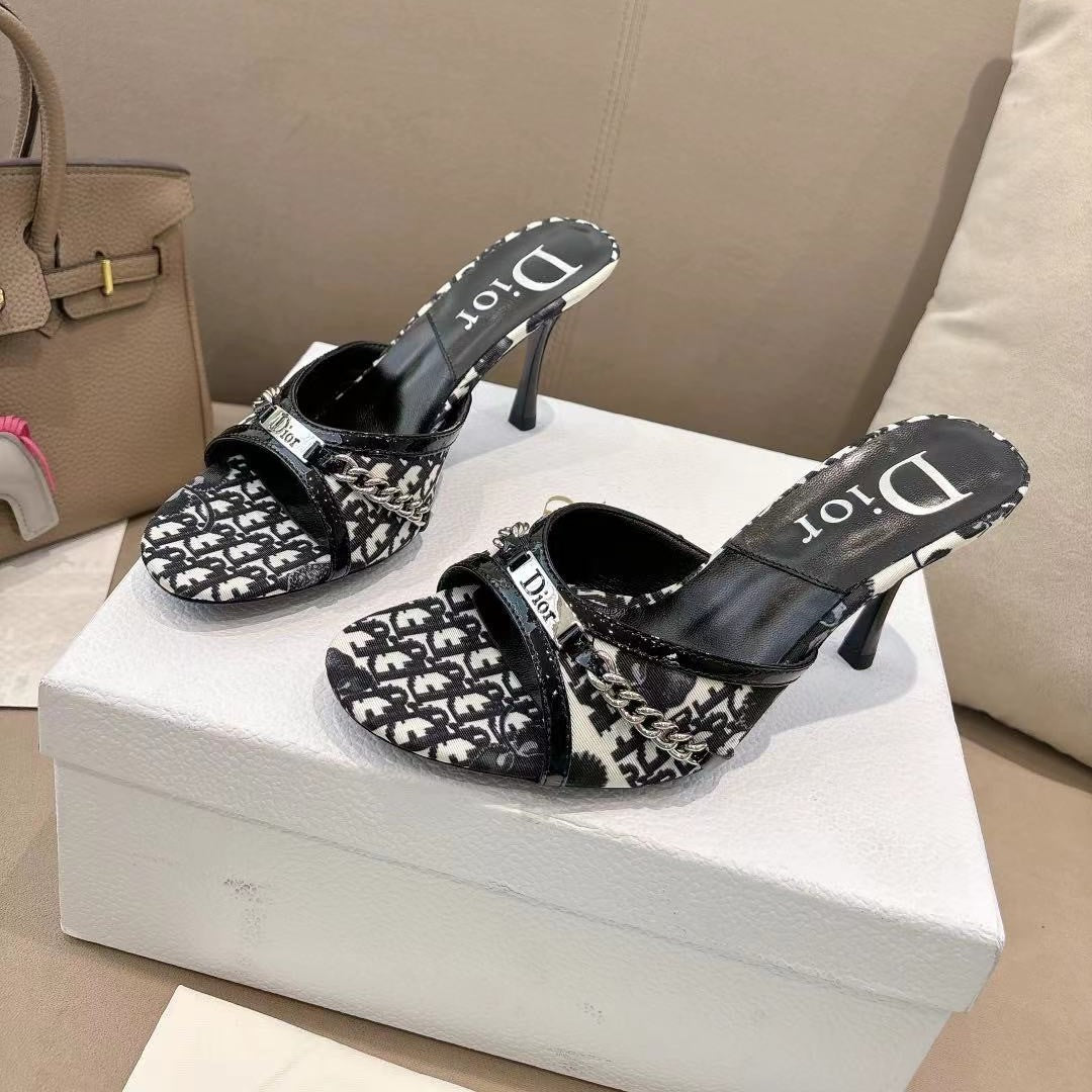 CD 26s Open Toe Mules 8.5cm White Black Oblique Canvas Chain Leather 116940