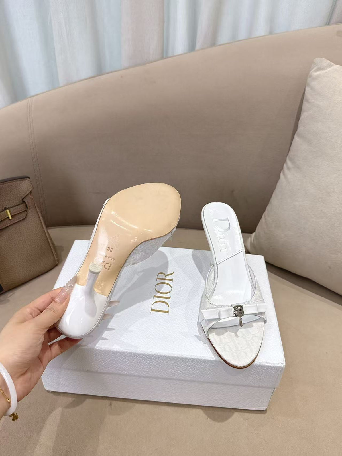 CD 26s Open Toe Mules 8.5cm White Oblique Canvas Leather 116947