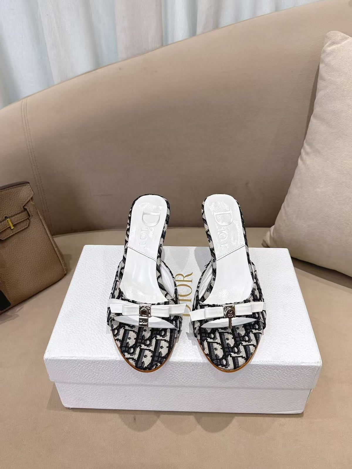 CD 26s Open Toe Mules 8.5cm White Black Oblique Canvas Leather 116948