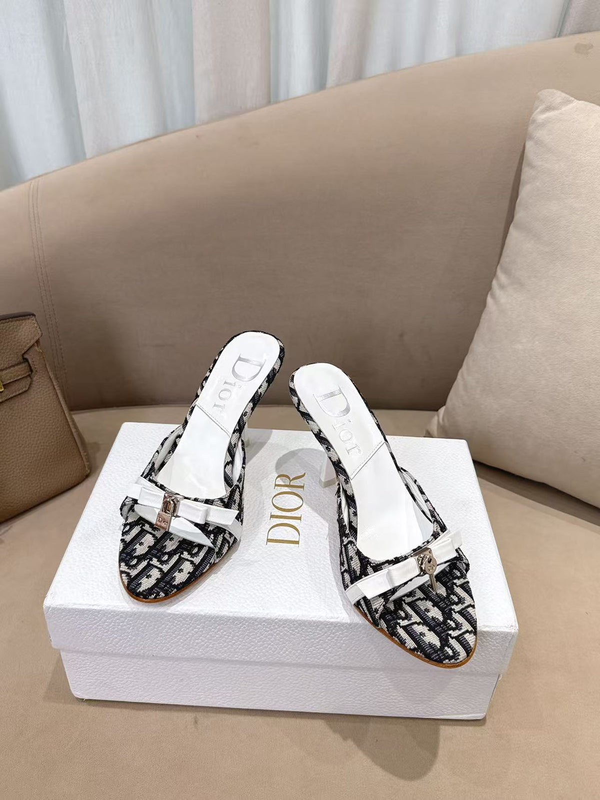 CD 26s Open Toe Mules 8.5cm White Black Oblique Canvas Leather 116948