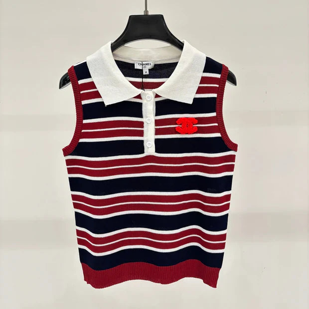 Chanel 2026 Striped Vest With Double C Logo Red White Blue Wool 394731