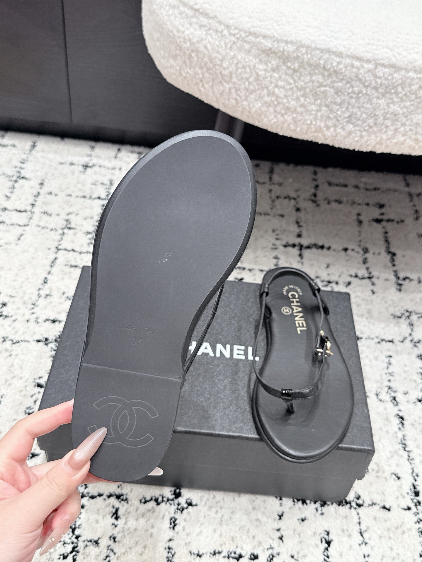 Chanel 26S Thong Sandals In Black Calfskin With Gold Hardware