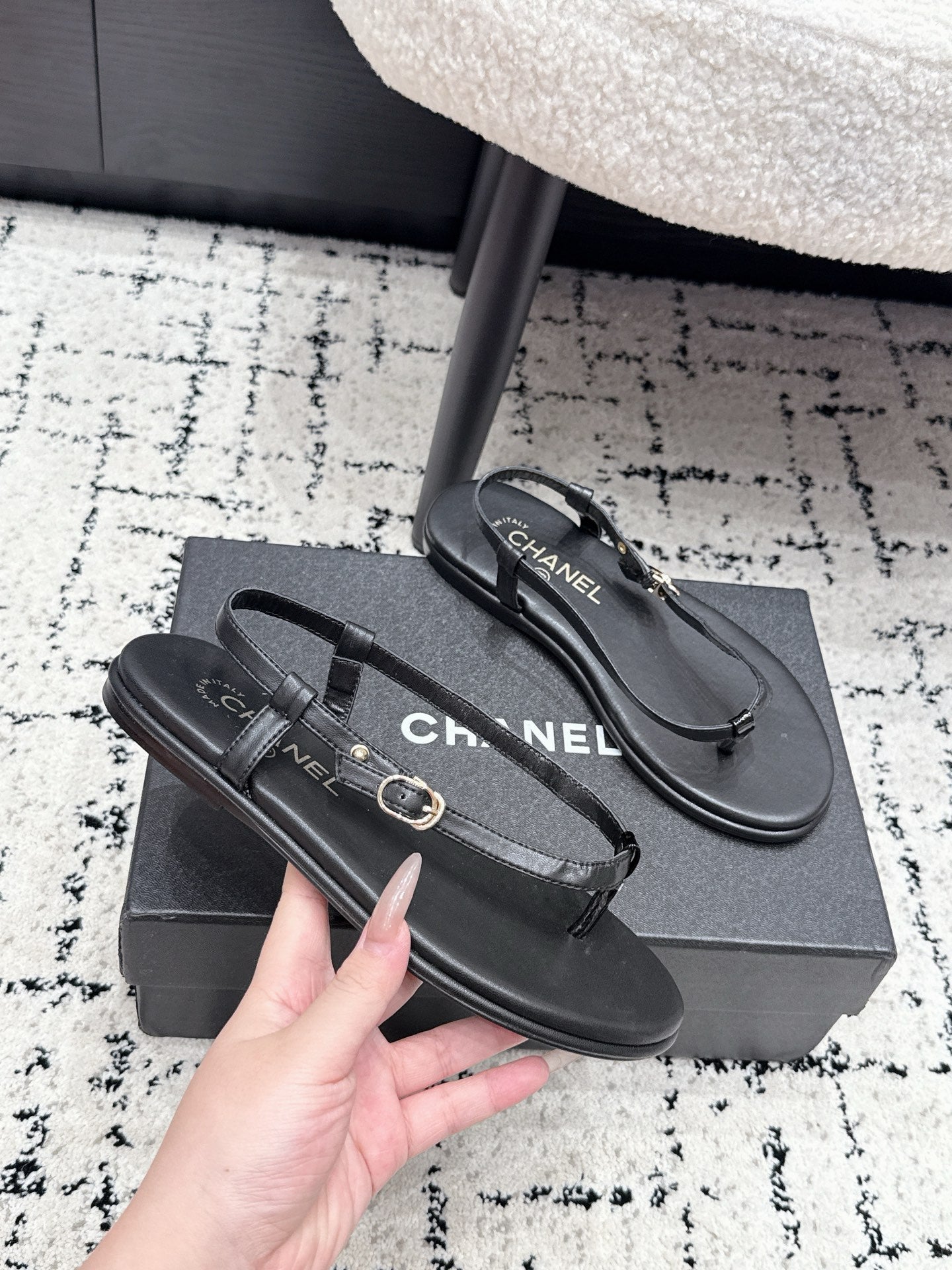 Chanel 26S Thong Sandals In Black Calfskin With Gold Hardware