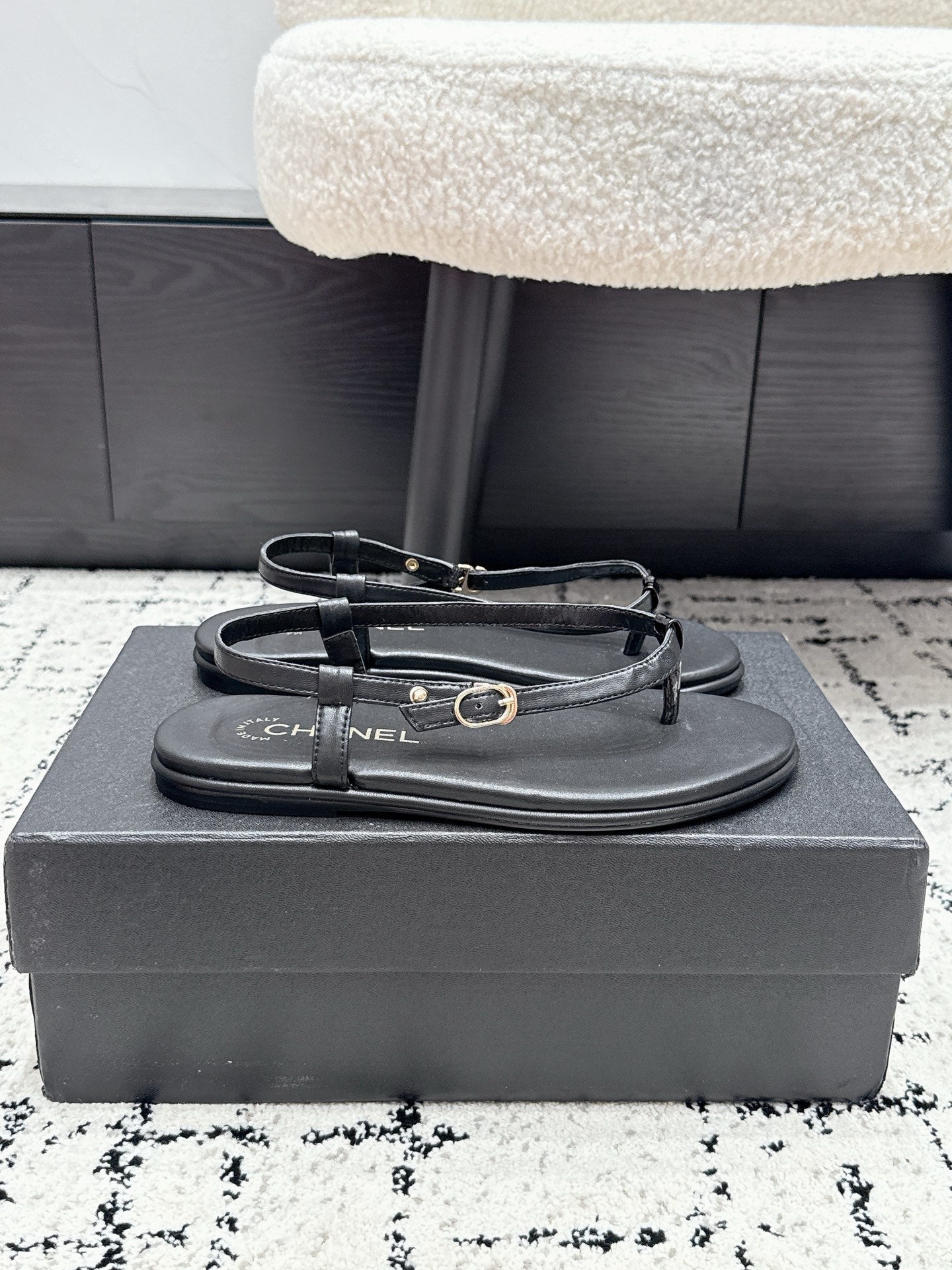 Chanel 26S Thong Sandals In Black Calfskin With Gold Hardware