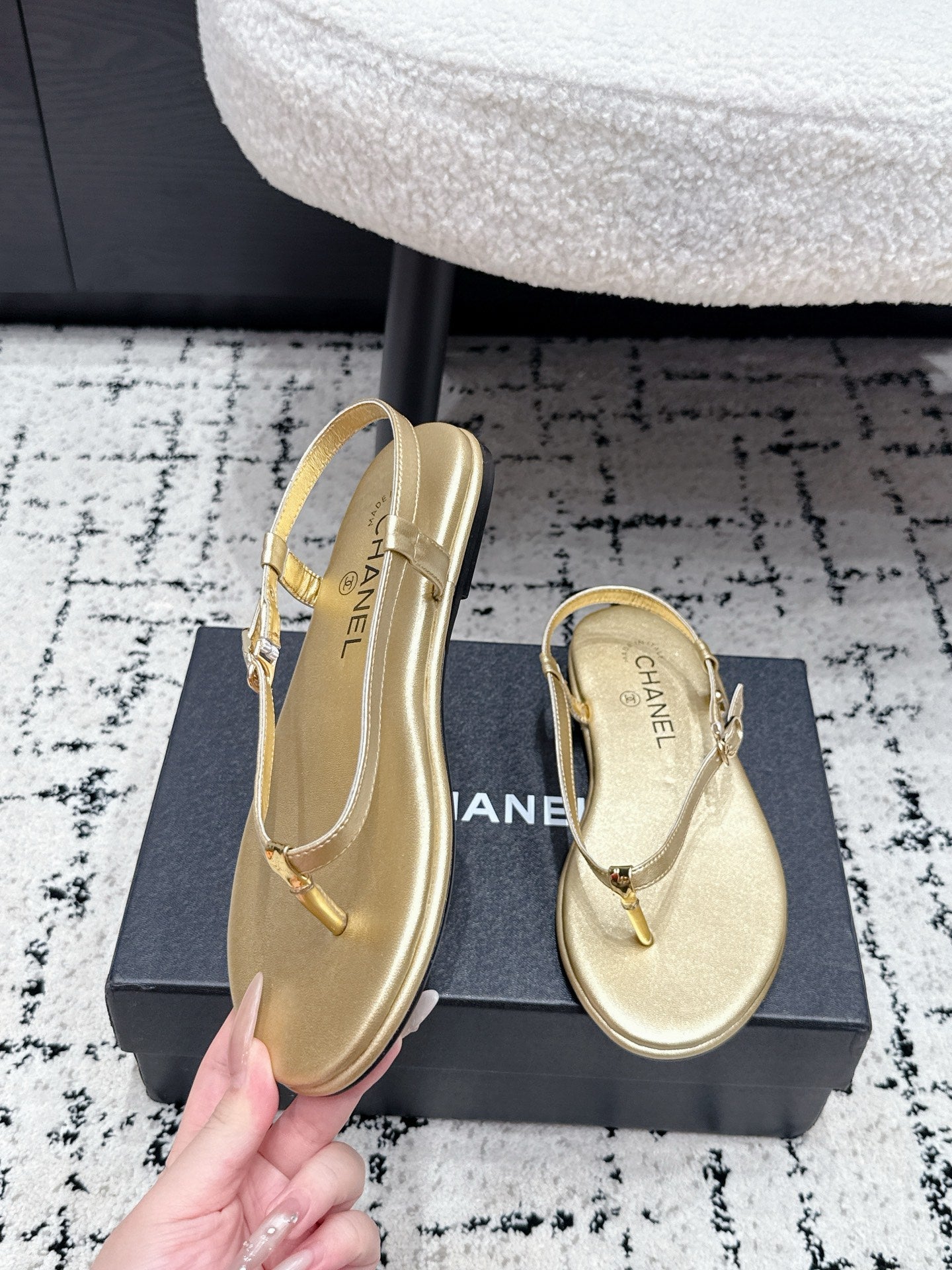 Chanel 26S Thong Sandals In Gold Calfskin With Gold Hardware