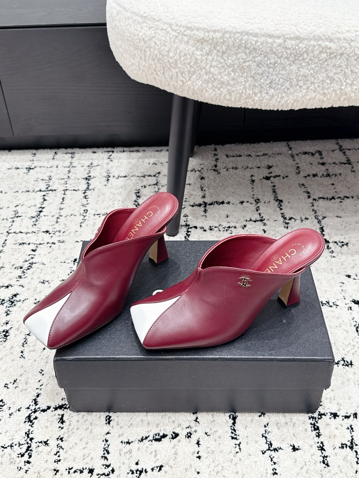 CC 26s Square Toe High Heels 9.5cm Burgundy White Sheepskin 880458