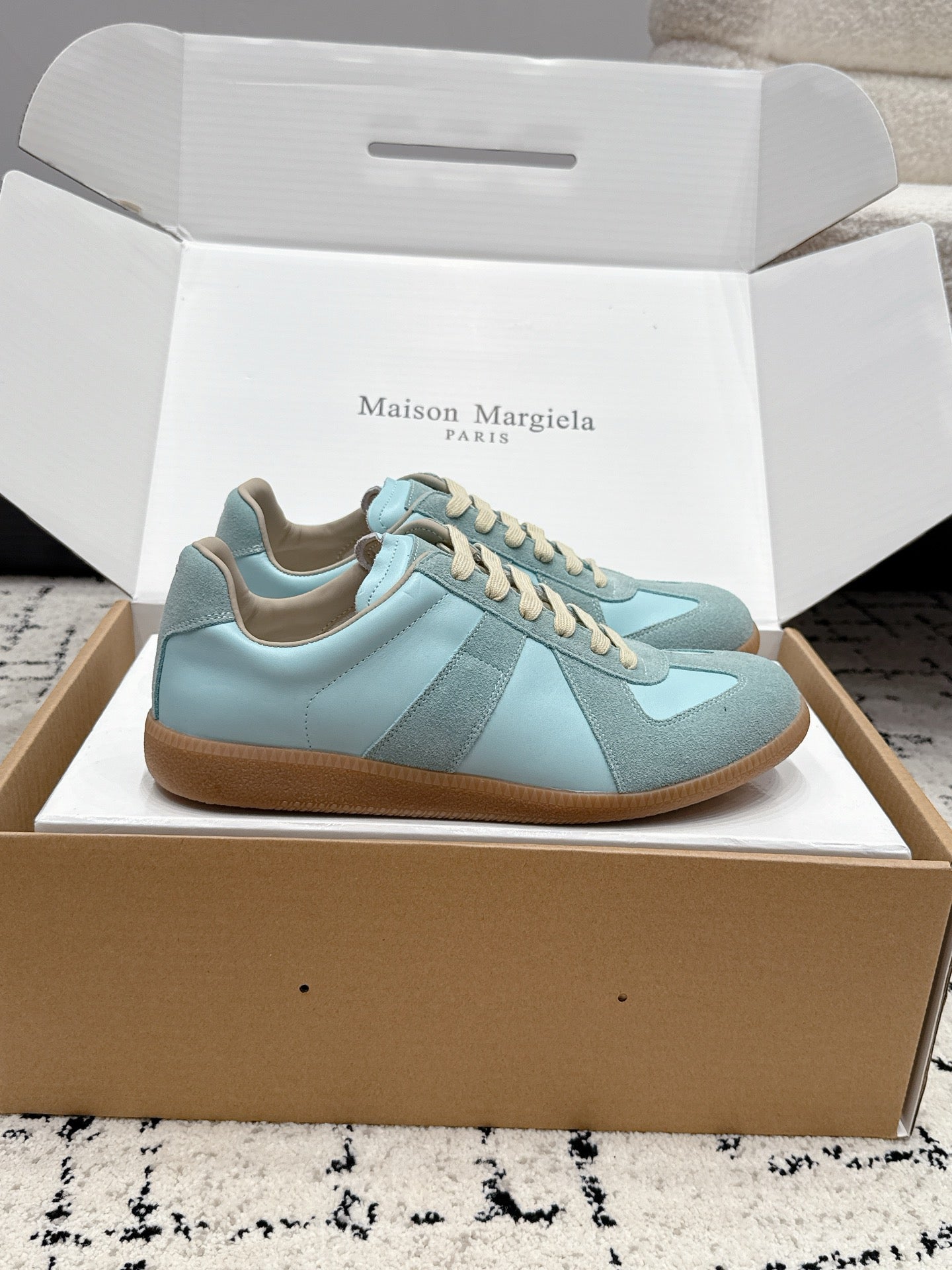 MM6 Replica Casual Sneaker Light Blue Sheepskin Suede 881191