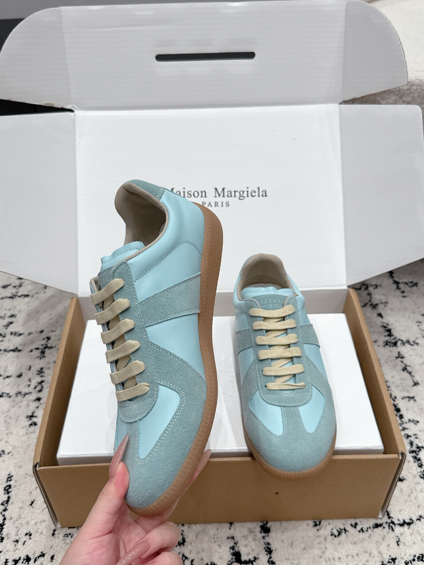 MM6 Replica Casual Sneaker Light Blue Sheepskin Suede 881191