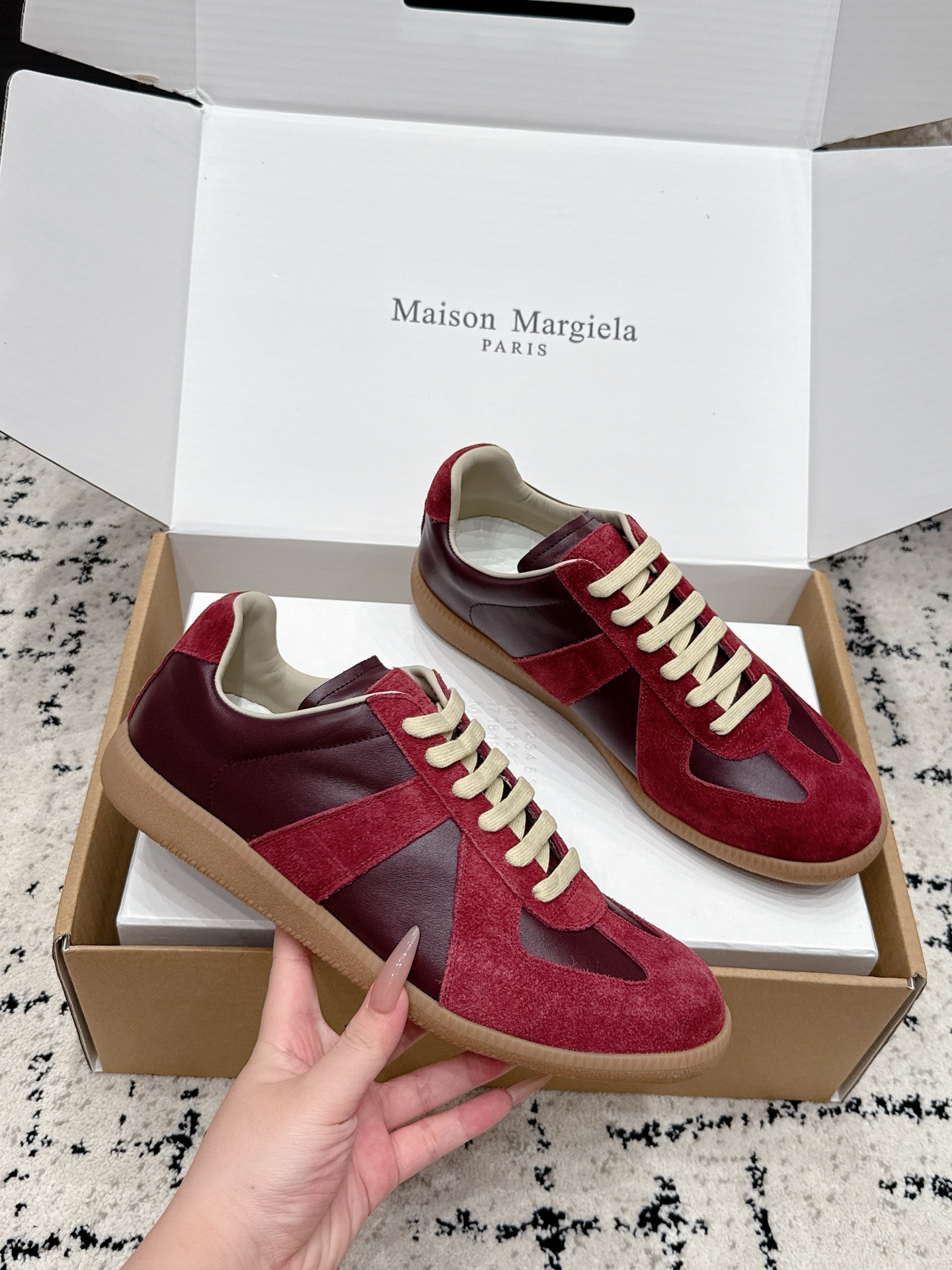 MM6 Replica Casual Sneaker Red Burgundy Sheepskin Suede 881196