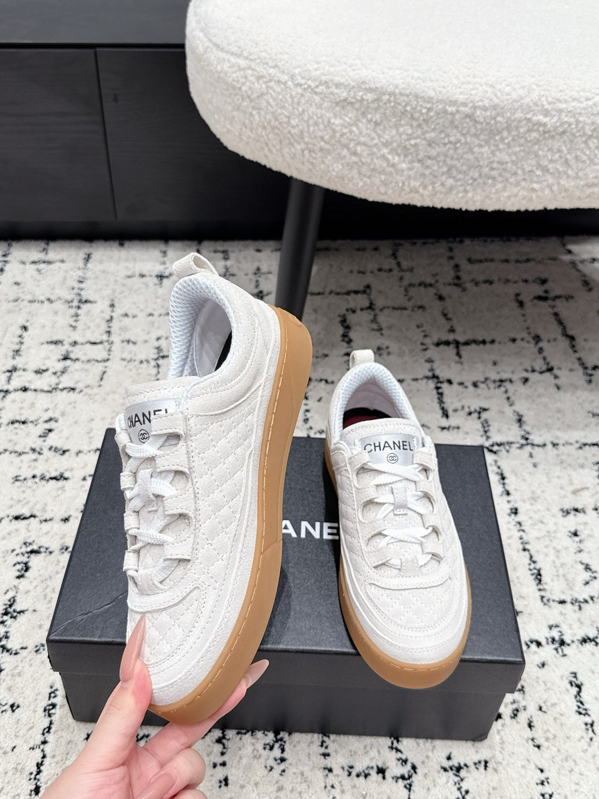 Chanel 26s Quilted Sneakers In White Suede