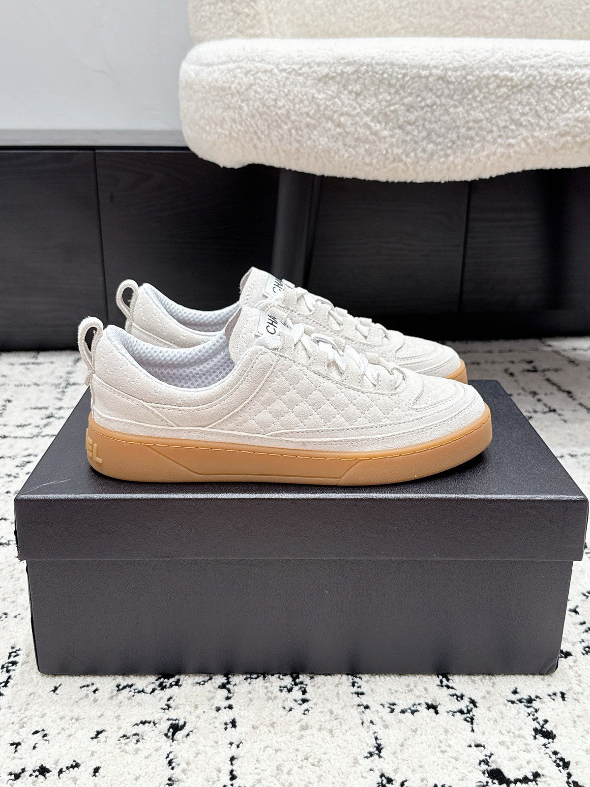 Chanel 26s Quilted Sneakers In White Suede
