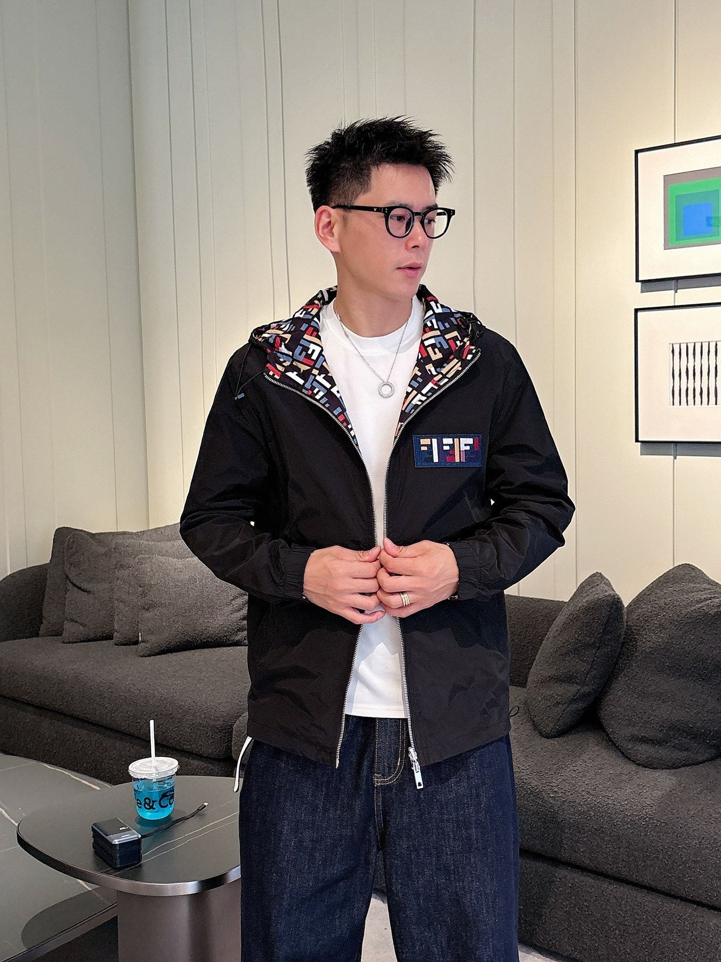 Fendi Men’s Patterned Hooded Jacket Multicolor Nylon Fabric