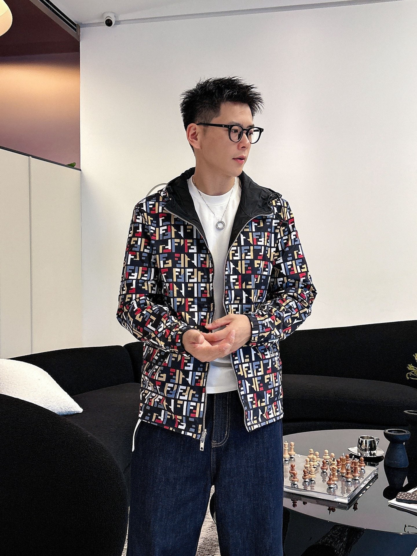 Fendi Men’s Patterned Hooded Jacket Multicolor Nylon Fabric