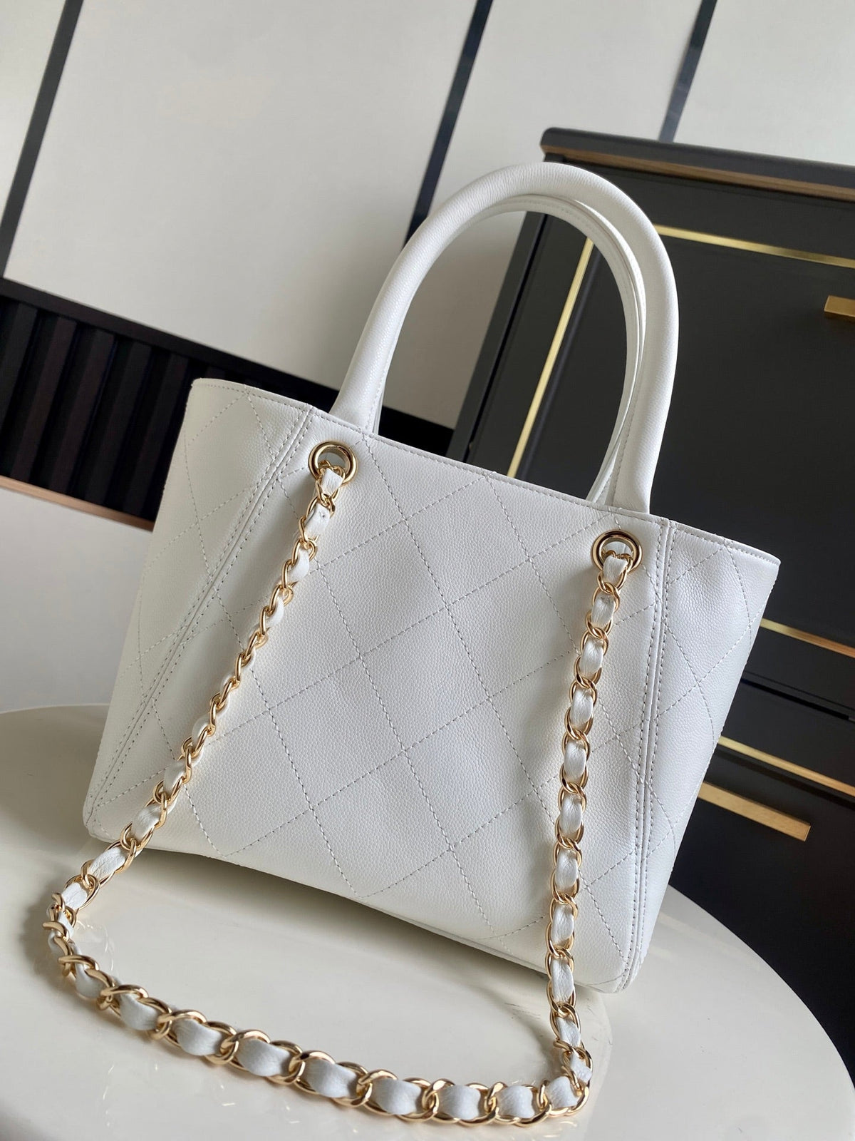 Chanel 26s Quilted Small Shopping Tote 25 In White Caviar Calfskin Gold Hardware