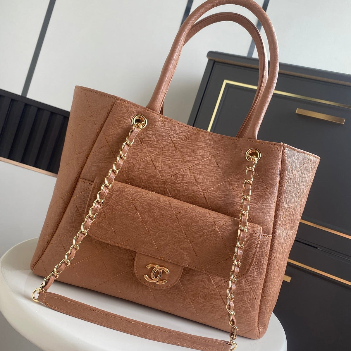 Chanel 26s Quilted Large Shopping Tote 39 In Caramel Brown Caviar Calfskin Gold Hardware