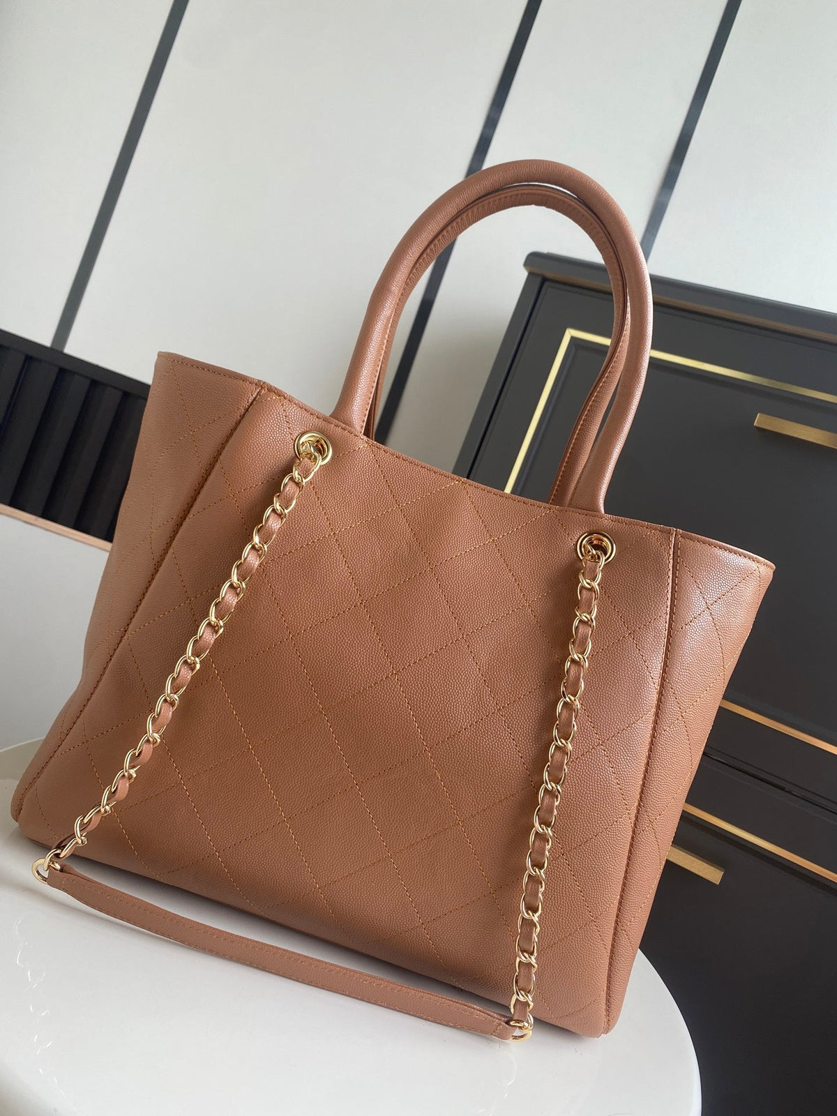 Chanel 26s Quilted Large Shopping Tote 39 In Caramel Brown Caviar Calfskin Gold Hardware