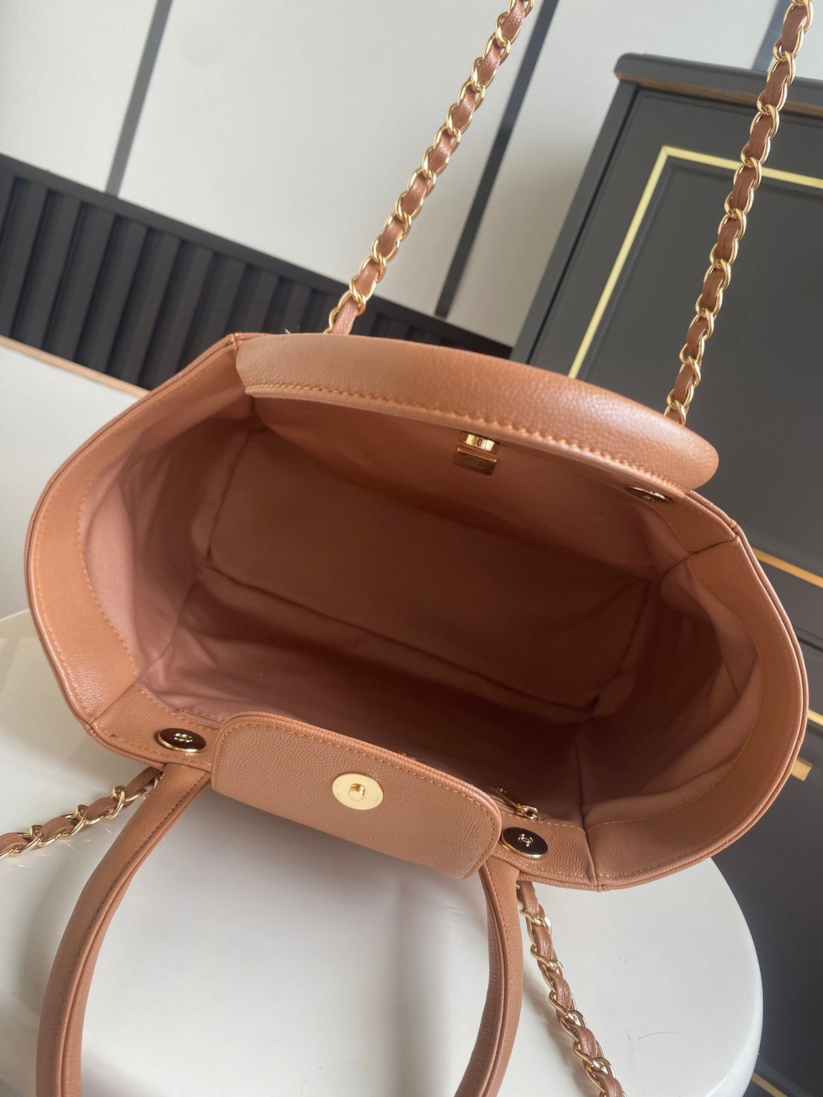 Chanel 26s Quilted Large Shopping Tote 39 In Caramel Brown Caviar Calfskin Gold Hardware