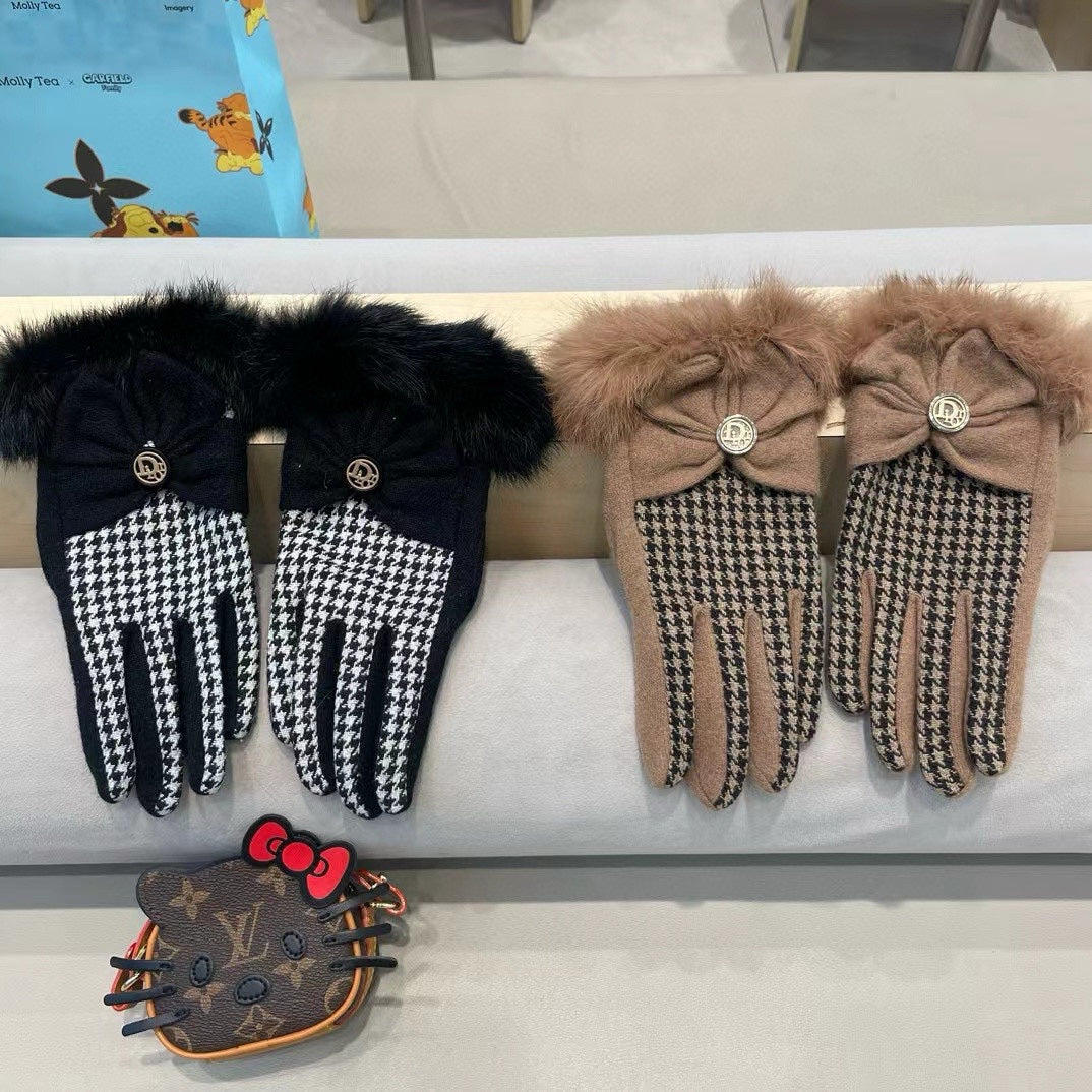 GLOVES WITH BOW IN BLACK MIX WHITE WOOL AND RABBIT FUR 453759