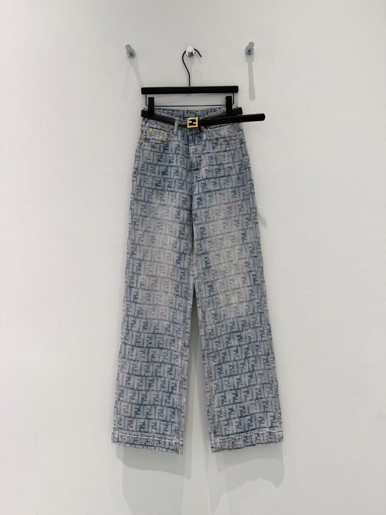 Fendi FF Monogram Wide-Leg Jeans Light Blue Cotton Polyester 351251