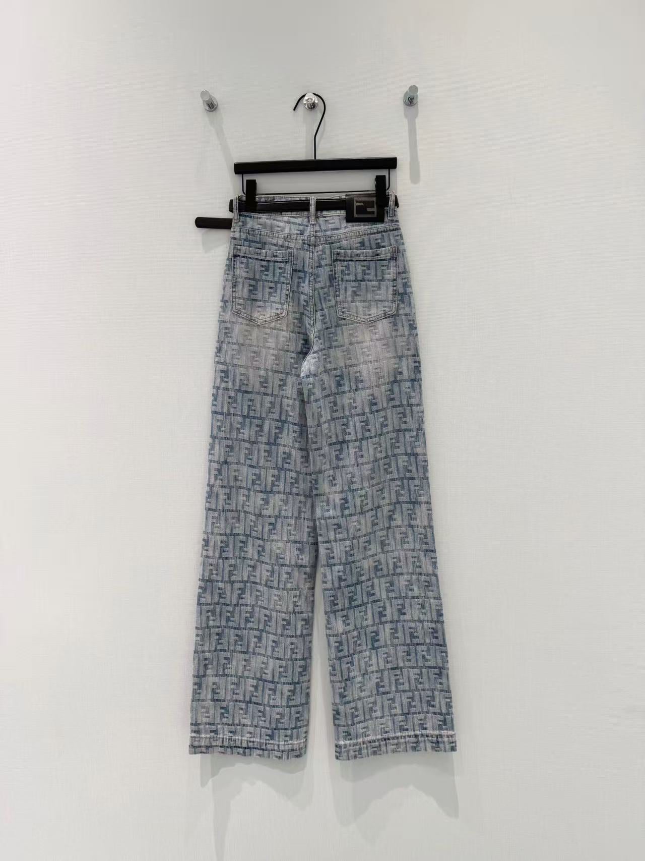 Fendi FF Monogram Wide-Leg Jeans Light Blue Cotton Polyester 351251