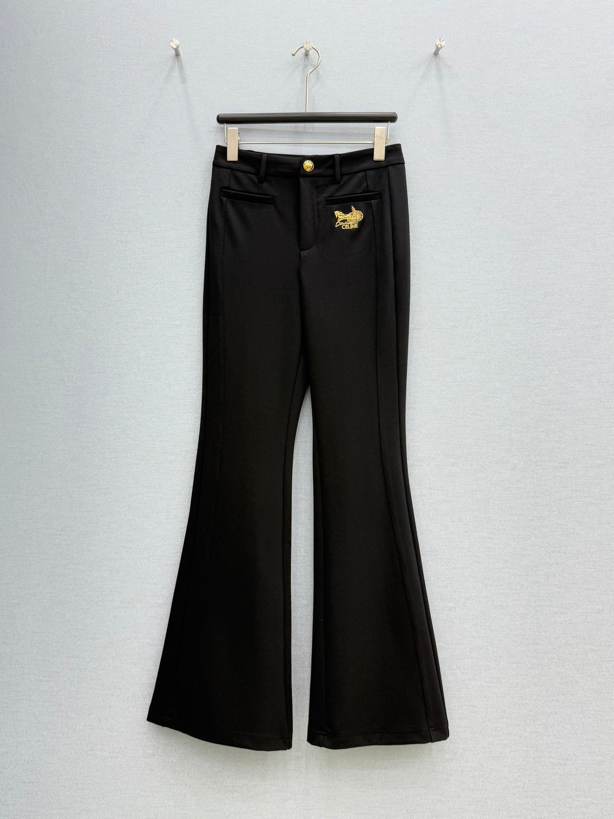 Celine 26S Black Gold Sulky Logo Flare Pants 428376
