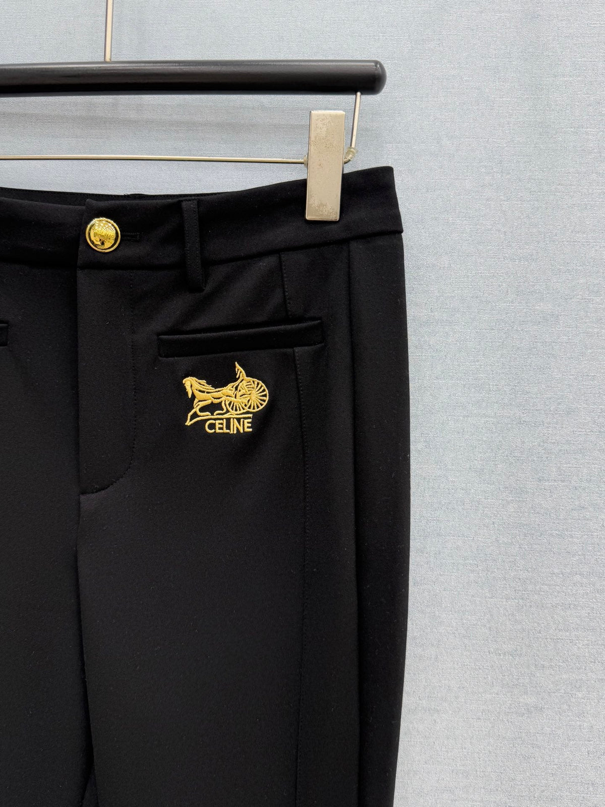 Celine 26S Black Gold Sulky Logo Flare Pants 428376
